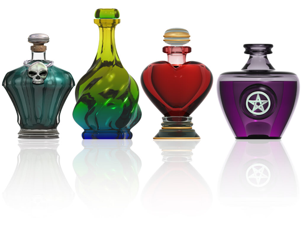 Row of four different colored potion bottles